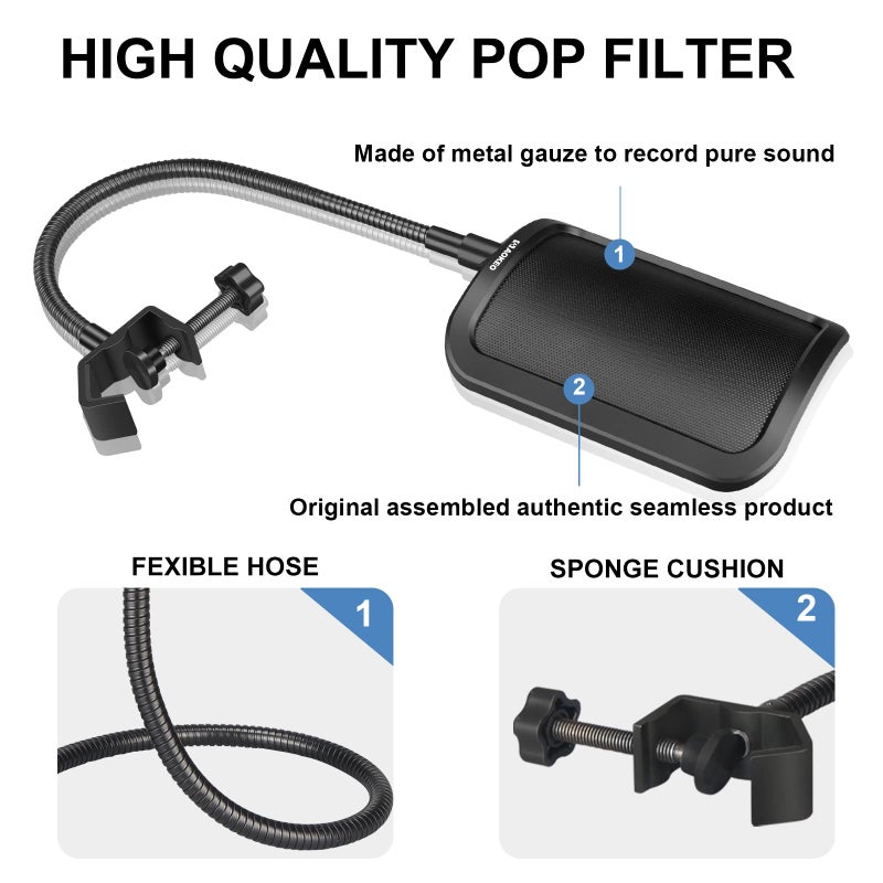 Aokeo Metal Pop Filter,Metal Mesh Layer Microphone Windscreen for Hyperx QuadCast, Blue Yeti and Other Mics,Pop Shield with Flexible 360Â° Gooseneck Clip Stabilization Arm - Image 3