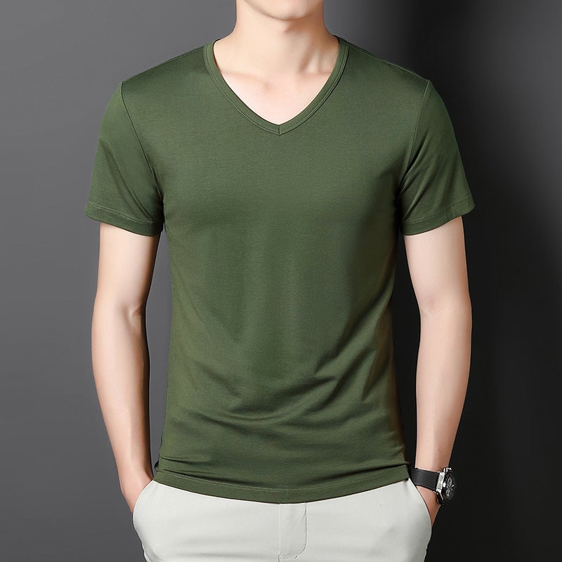 Modal Cotton Ice Silk Men'S Short-Sleeved T-Shirt Summer Pure Color V Neck T-Shirt Thin T-Shirt For Men - Image 1