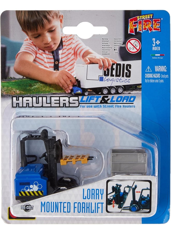 Bburago Street Fire Haulers Lift & Load Lorry Mounted Forklift Die-cast Vehicle Set (1:43, Blue/Black) - Image 1