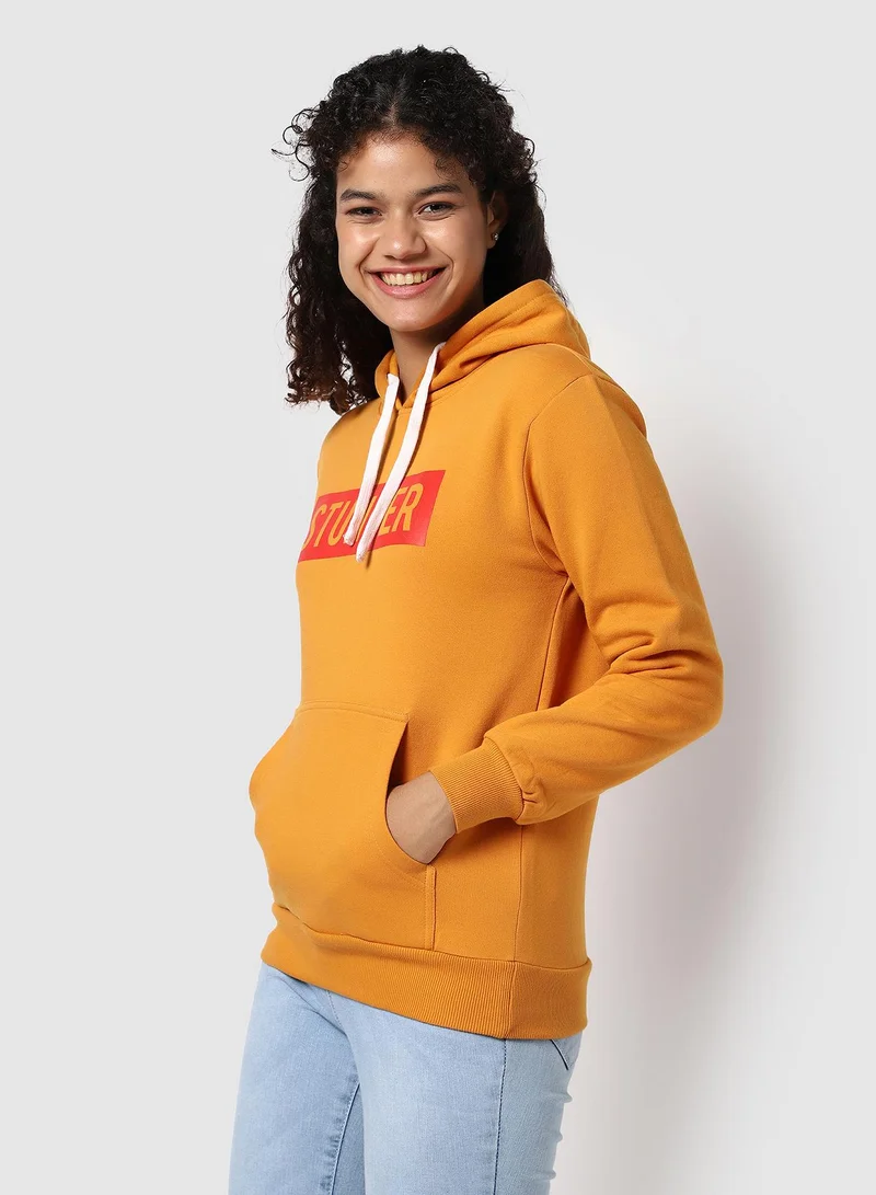 Campus Sutra Women's Mustard Yellow Stunner Print Pullover Hoodie
