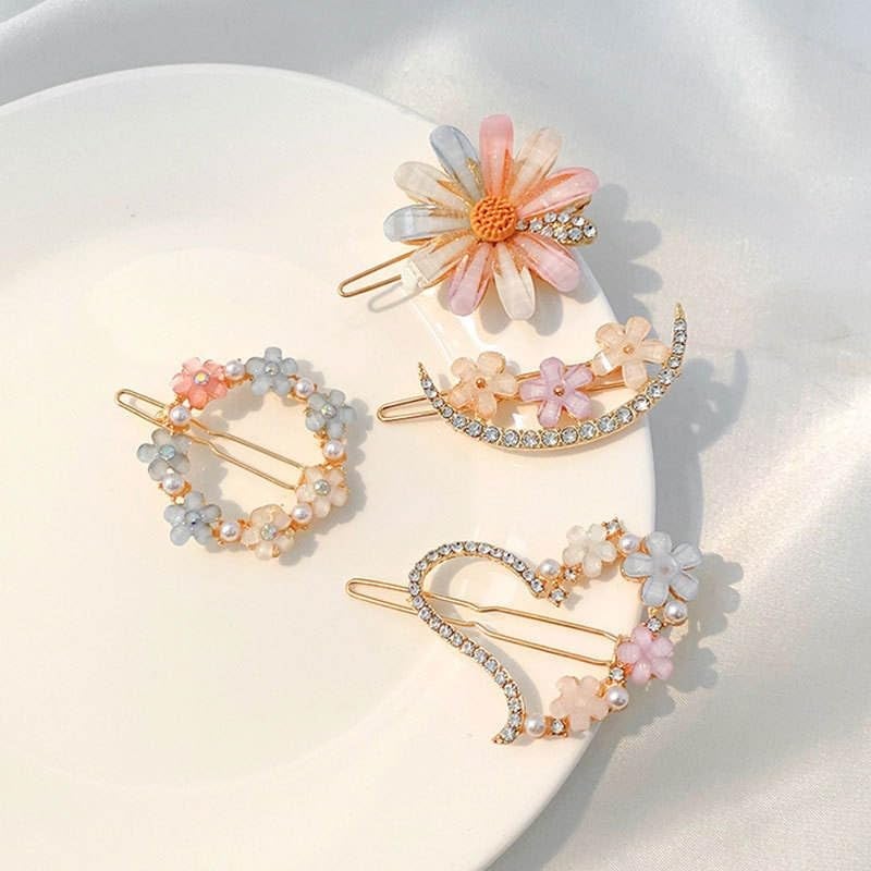 Rivtoxx Flower Look Golden 4 PCs Hair Clip Set Korean Stylish Multi Design Hair Clip Rhinestone Hair Lock pin Hair Accessories for Girls and Women Multicolour - Image 3