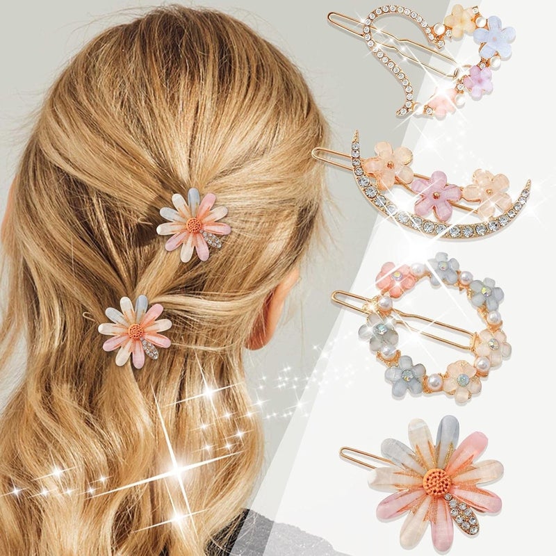 Rivtoxx Flower Look Golden 4 PCs Hair Clip Set Korean Stylish Multi Design Hair Clip Rhinestone Hair Lock pin Hair Accessories for Girls and Women Multicolour - Image 4