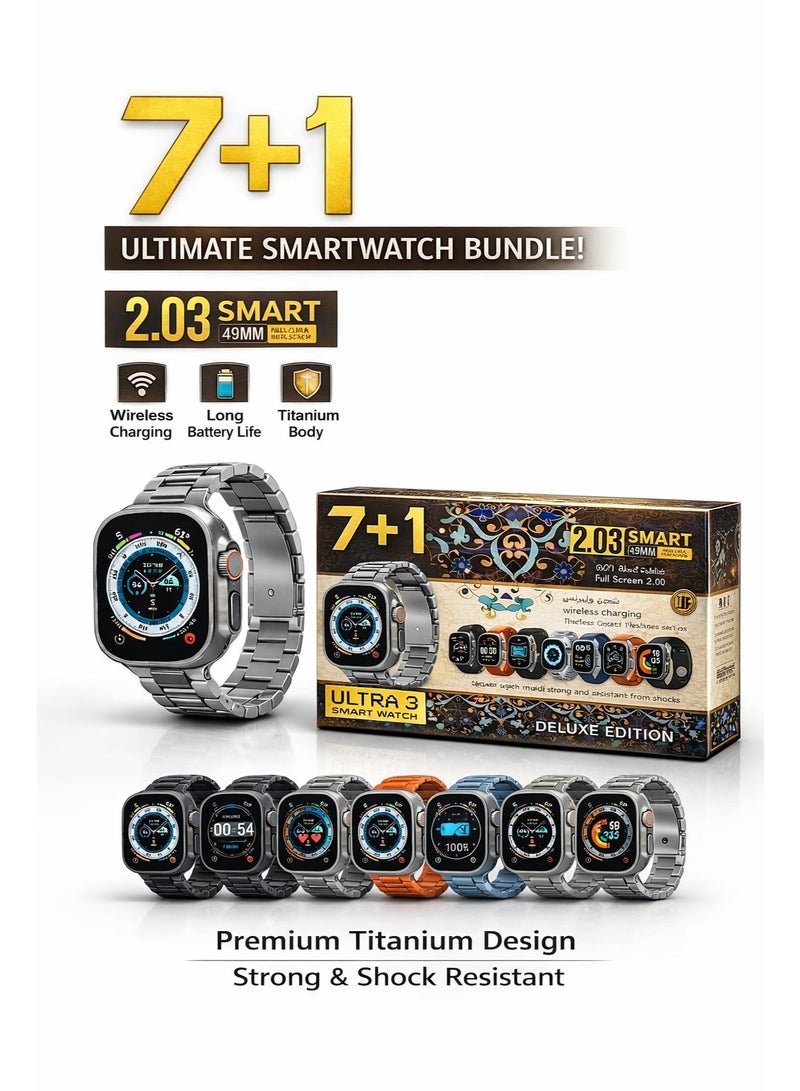 Smart Watch Ultra3 , 7+1 With Health Fitness Tracker Sport Watch, 7 addition Replacement Band 49MM-Multicolour - Image 1