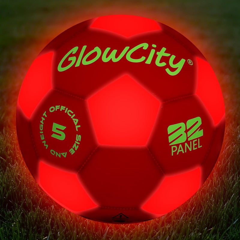 GlowCity كرة القدم المتوهجة من جلو سيتي | كرة قدم مضيئة داخلية/خارجية مع 2 ضوء LED | بطاريات مثبتة مسبقًا | هدية ممتعة للمراهقين - Image 1