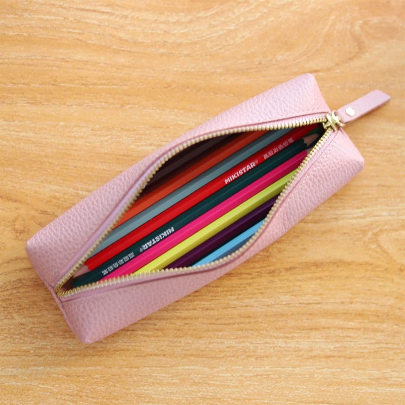 Excefore Genuine Leather Pen Case, Pink Pencil Pouch For Study, Portable Cowhide Pencil Pouch With Zipper, Soft Black Simple Pen Bag For Adults, Student, Writer (Pink) - Image 3