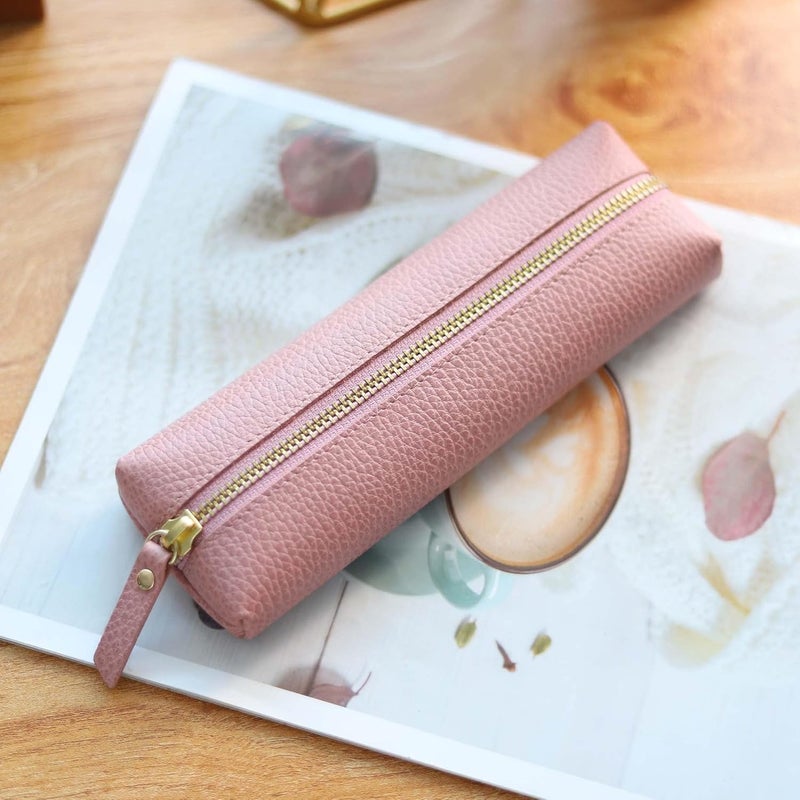 Excefore Genuine Leather Pen Case, Pink Pencil Pouch For Study, Portable Cowhide Pencil Pouch With Zipper, Soft Black Simple Pen Bag For Adults, Student, Writer (Pink) - Image 5