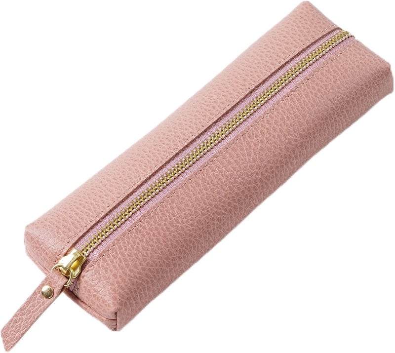 Excefore Genuine Leather Pen Case, Pink Pencil Pouch For Study, Portable Cowhide Pencil Pouch With Zipper, Soft Black Simple Pen Bag For Adults, Student, Writer (Pink) - Image 1