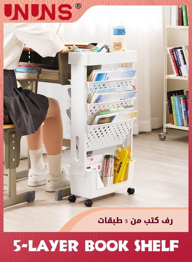 UNUNS 5-Tier Rolling Utility Cart Multi-Functional Movable Storage Book Shelves With Lockable Casters For Study Office Kitchen Classroom,White - Image 3