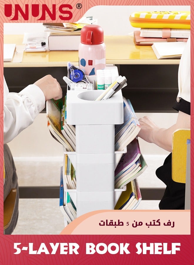 UNUNS 5-Tier Rolling Utility Cart Multi-Functional Movable Storage Book Shelves With Lockable Casters For Study Office Kitchen Classroom,White - Image 5