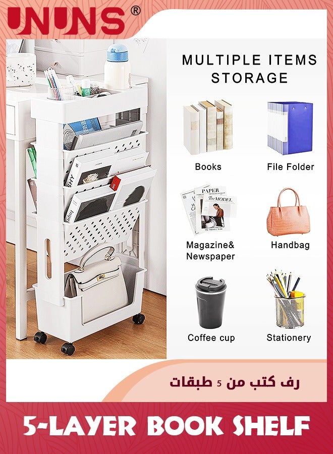 UNUNS 5-Tier Rolling Utility Cart Multi-Functional Movable Storage Book Shelves With Lockable Casters For Study Office Kitchen Classroom,White - Image 2