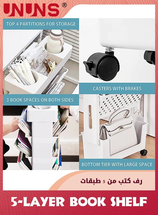 UNUNS 5-Tier Rolling Utility Cart Multi-Functional Movable Storage Book Shelves With Lockable Casters For Study Office Kitchen Classroom,White - Image 4