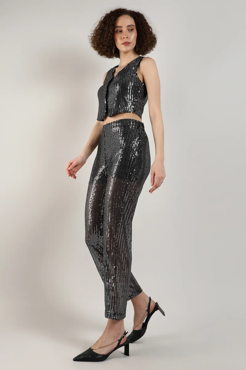 Pinacolada  Women's Midnight Black Sequin Vest Co-Ord Set for Women | Best Price UAE