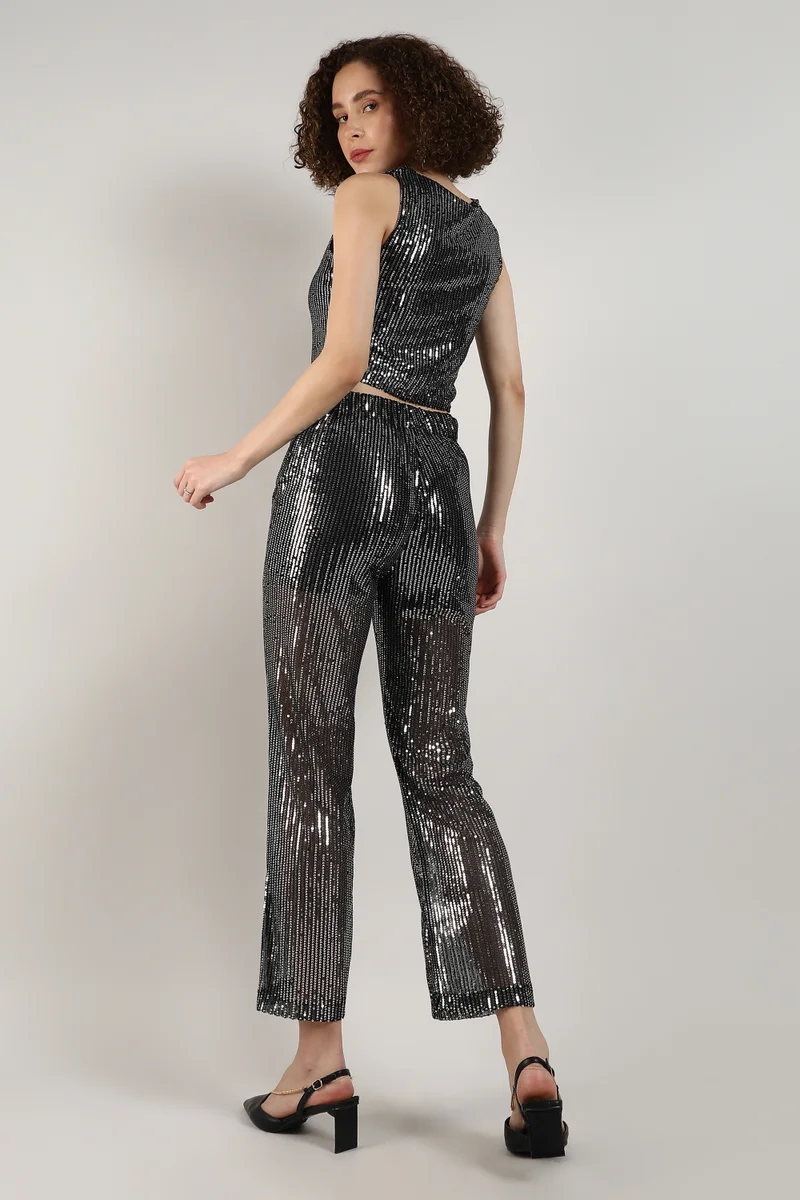 Pinacolada  Women's Midnight Black Sequin Vest Co-Ord Set for Women | Best Price UAE