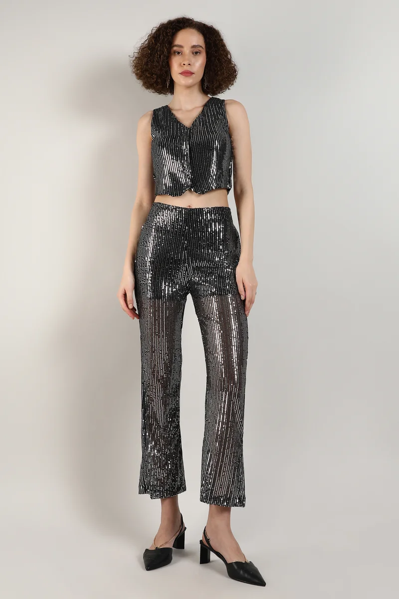 Campus Sutra Women's Midnight Black Sequin Vest Co-Ord Set