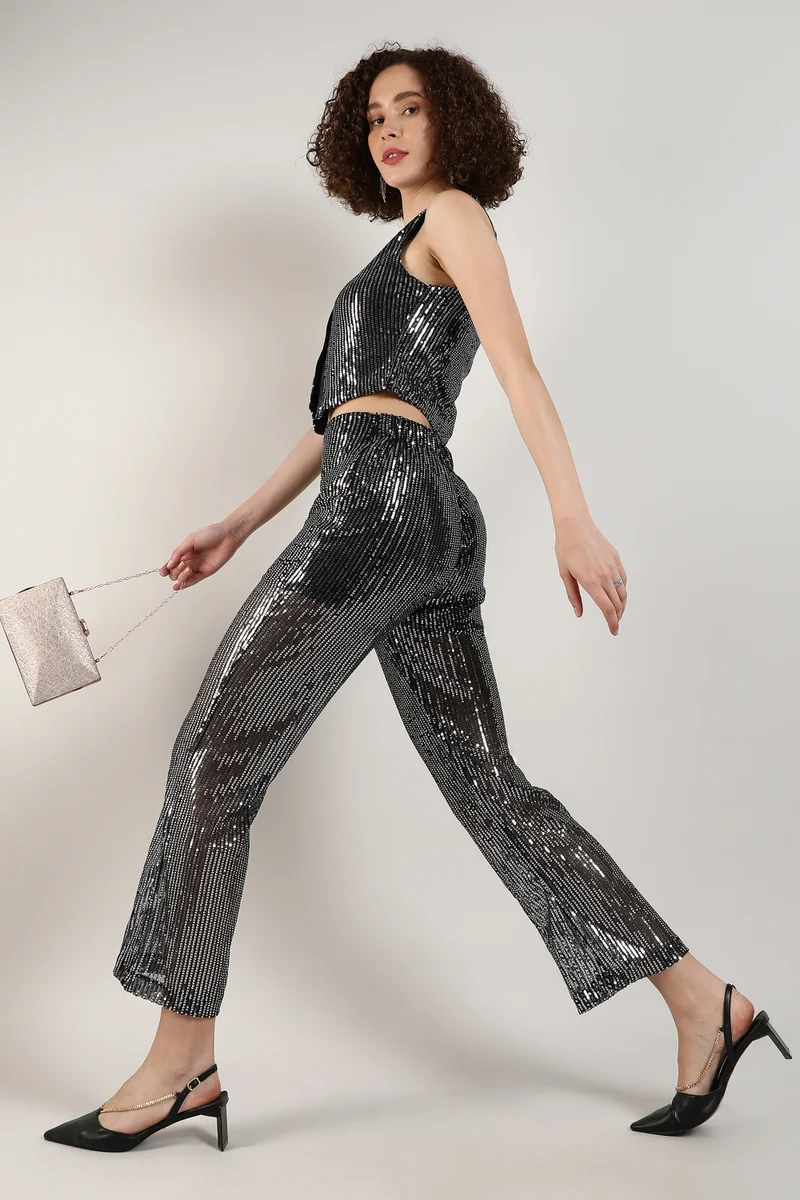 Pinacolada  Women's Midnight Black Sequin Vest Co-Ord Set for Women | Best Price UAE