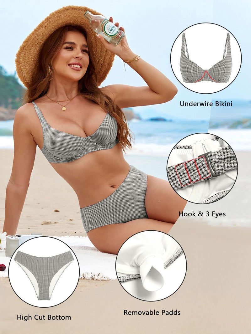 ZAFUL Black Underwire Bikini Womens Gingham Bikini Sets High Waisted Underwire Swimsuits Full Coverage Two Piece Swimwear Plaid Bathing Suit L - Image 4