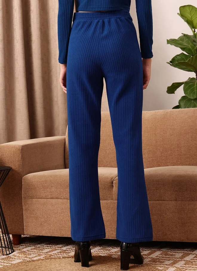 STREET 9 BASICS Blue Knitted Relaxed Mid-Rise Bootcut Trousers for Women