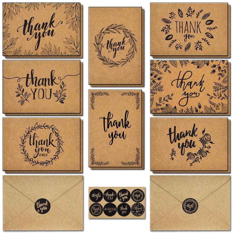 caqpo Thank You Cards With Envelopes 160 Sets Premium Kraft Thank You Cards Bulk TY Notes with 8 Graceful Designs Floral Card for Celebration Wedding Baby Bridal Shower 4x6