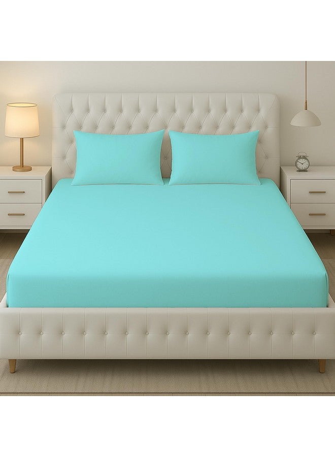 Filymore Plain Solid Aqua Double Bed Sheet 240 Tc Soft Microfiber Solid Single Color Bedsheet for Double/King Size Bed with 2 Pillow Cover (Size :90X95 inchs) (Aqua) - Image 1