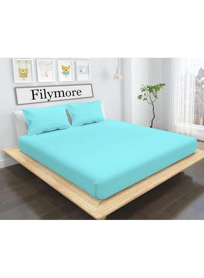 Filymore Plain Solid Aqua Double Bed Sheet 240 Tc Soft Microfiber Solid Single Color Bedsheet for Double/King Size Bed with 2 Pillow Cover (Size :90X95 inchs) (Aqua) - Image 2