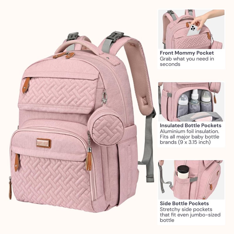 BabbleRoo Diaper Bag Backpack - Travel Large Baby Diaper Bag with Changing pad, Waterproof Baby Bags for Mom & Dad, Unisex Bags with Pacifier Case, Luggage Strap & Stroller Clipsâ€“ Pink - Image 5