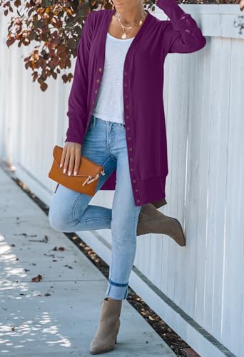 MEROKEETY Women's 2025 Fall Long Sleeve Cardigan Sweater Lightweight Snap Button Down Open Front Casual Outfit, Plum, S - Image 3