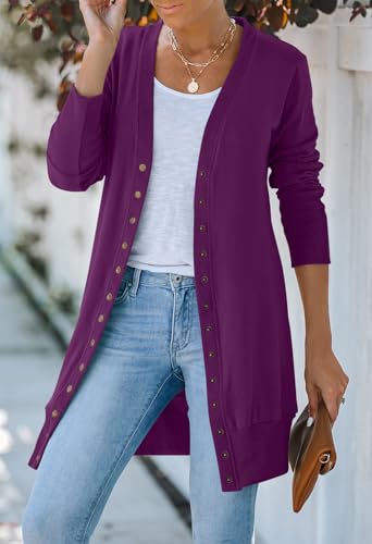 MEROKEETY Women's 2025 Fall Long Sleeve Cardigan Sweater Lightweight Snap Button Down Open Front Casual Outfit, Plum, S - Image 2
