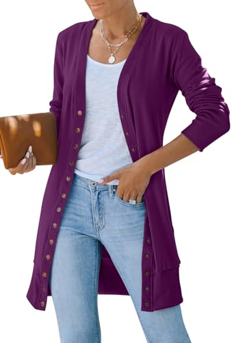 MEROKEETY Women's 2025 Fall Long Sleeve Cardigan Sweater Lightweight Snap Button Down Open Front Casual Outfit, Plum, S - Image 1