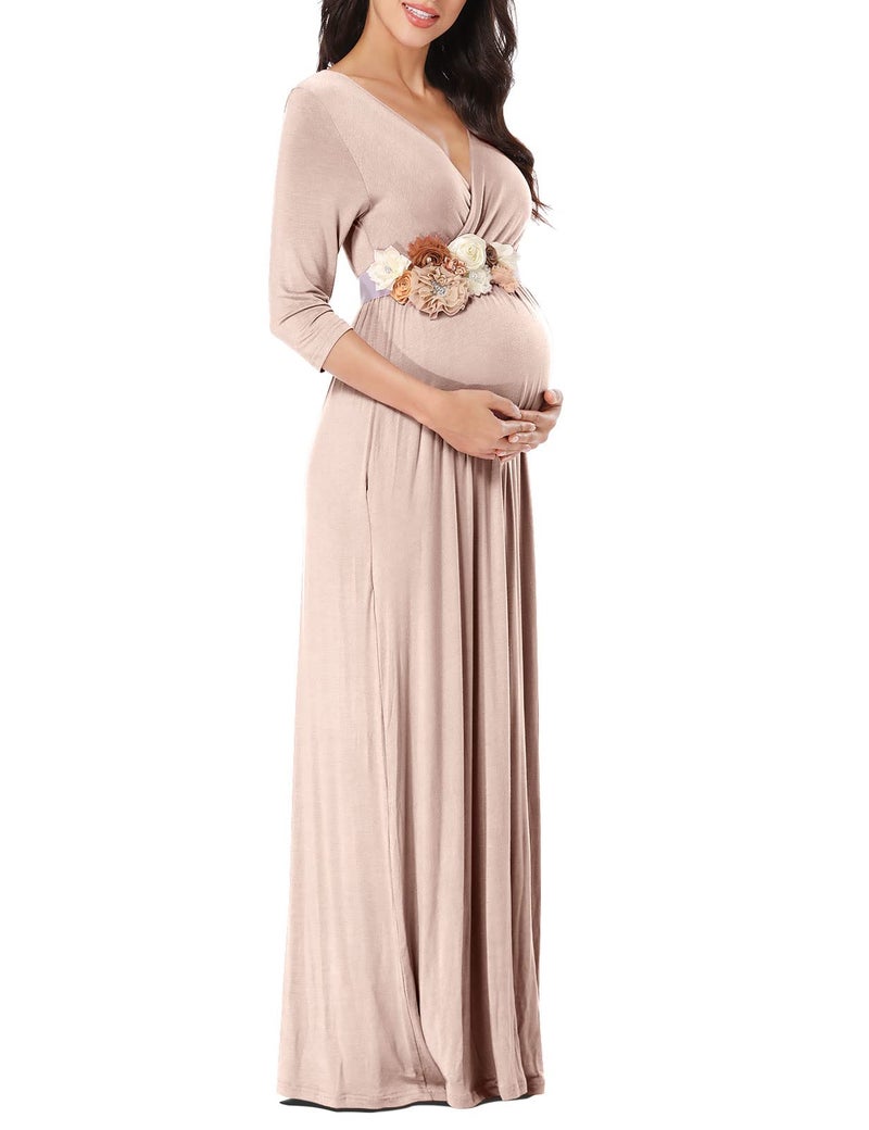 KIM S Khaki Brown Maternity Dress for Baby Shower Long Sleeve Wedding Guest Fall Photoshoot Cocktail Dress Maxi Wrap V Neck Formal Casual Outfits (Beige M) - Image 4