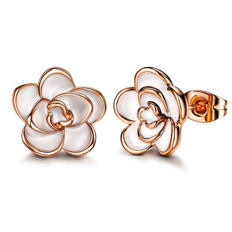 AllenCOCO Flower Stud Earrings Hypoallergenic for Women - 18K Gold Plated Rose Earrings for Sensitive Ears, Nickel Free - Image 1