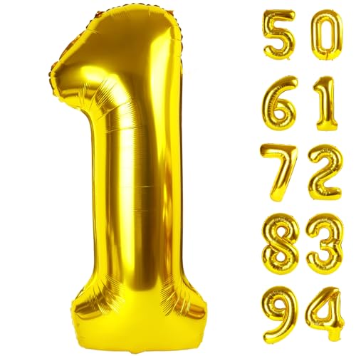 IWERP 40 Inch Gold 1 Balloon for First Birthday, Gold One 1st Number Balloon Birthday Decorations, 10th 21st, Giant Number 1 Balloon - Image 1