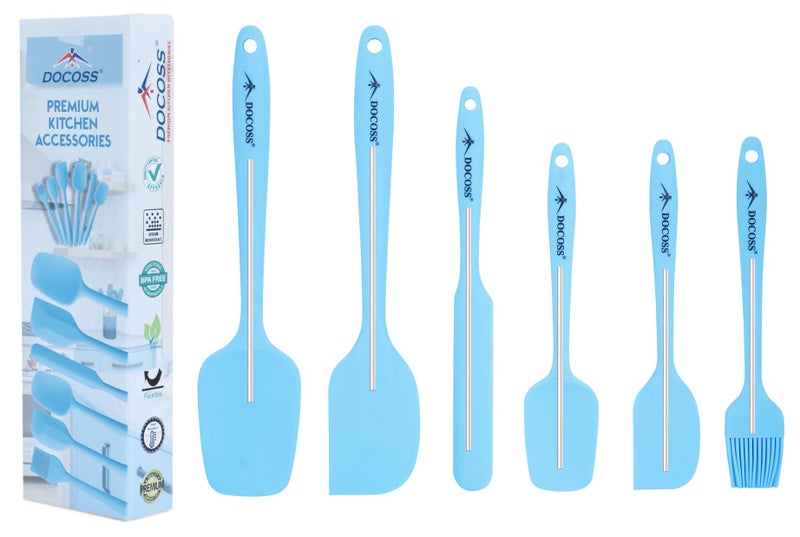DOCOSS Silicone and Stainless Steel Core Nonstick Spatula Cooking Set for for Kitchen & Baking, Set of 6 - (Light Blue) - Image 1