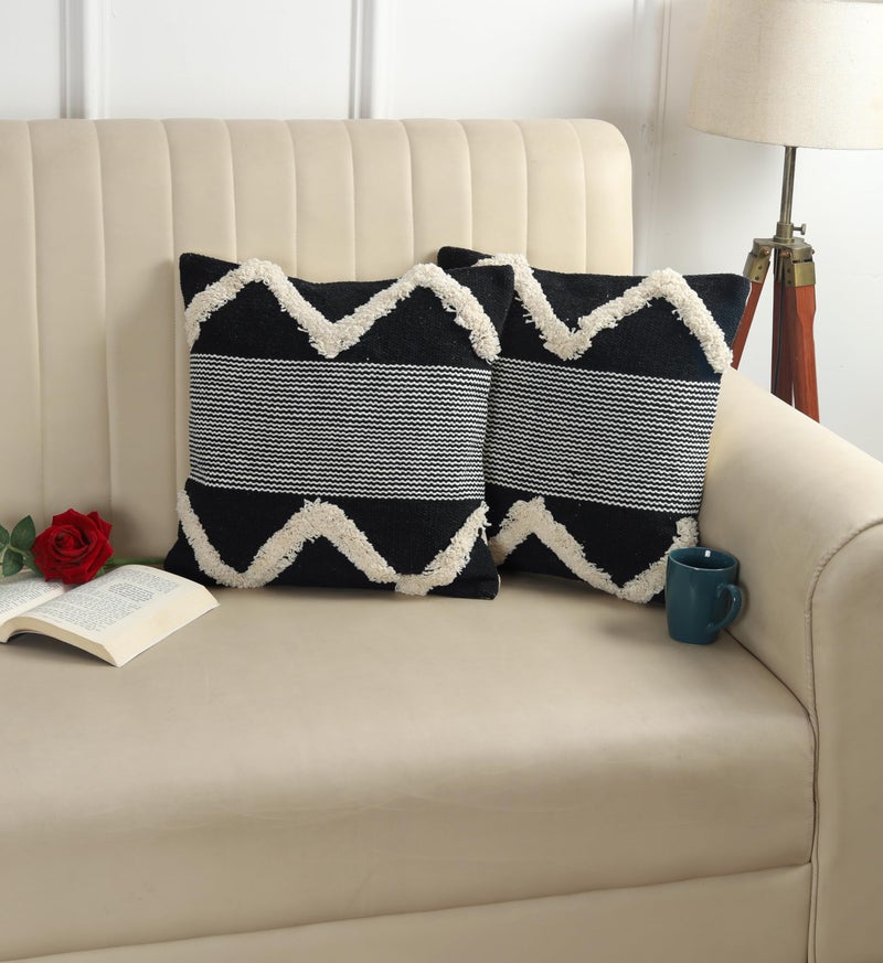 TIB Premium Boho Decorative Throw Cushion Covers, 16 x 16 cm, Set of 2, Cotton. (Black Mountains)-230 TC - Image 1