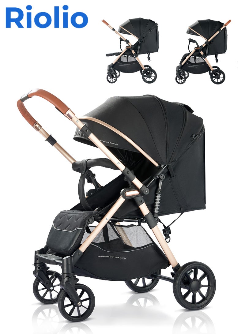 ريوليو عربة أطفال ثنائية الاتجاه | ممتص صدمات ممتاز | مواجهة للأمام وللأب | مظلة كبيرة ومقعد واسع | حزام أمان بخمس نقاط | حامل كوب | سلة كبيرة | قابلة للطي بسرعة | من 0 إلى 48 شهرًا | أسود - Image 1