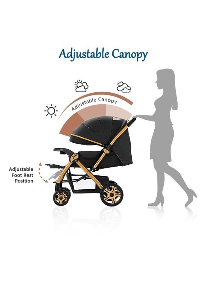 Riolio - Two-Way Baby Stroller | Excellent Shock Absorber | Front and Parent Facing | Large Canopy and Seat | 5-Point Harness | Cup Holder | Large Basket | Quick Folding | 0-36 Months |Black - Image 1