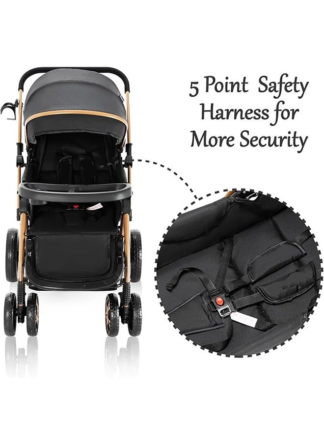 Riolio - Two-Way Baby Stroller | Excellent Shock Absorber | Front and Parent Facing | Large Canopy and Seat | 5-Point Harness | Cup Holder | Large Basket | Quick Folding | 0-36 Months |Black - Image 1