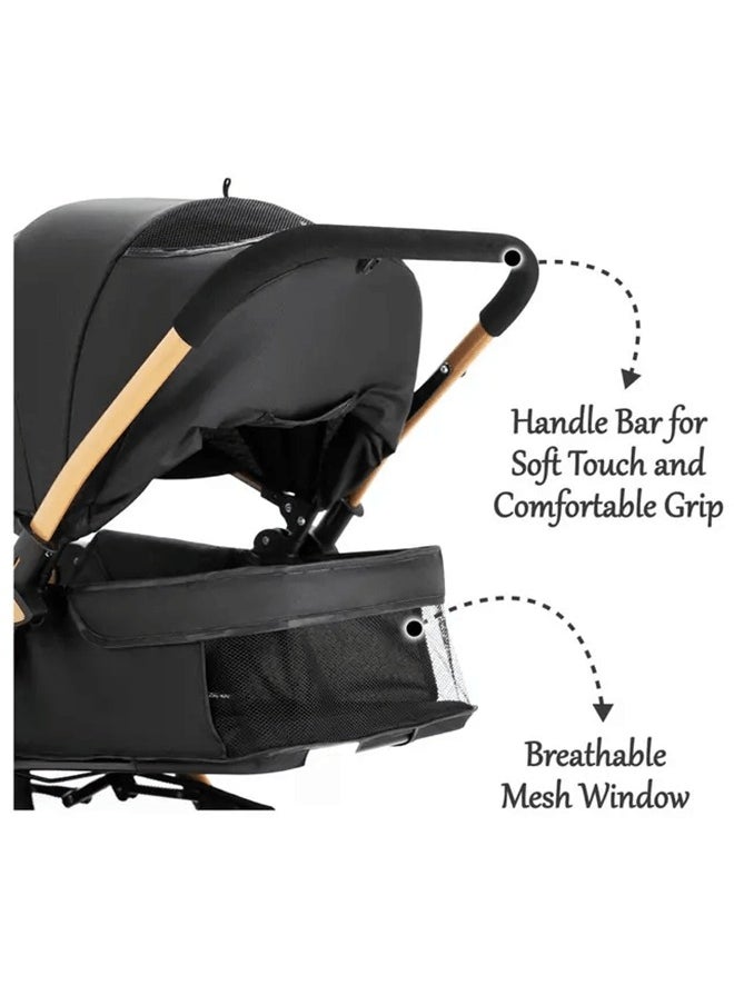 Riolio - Two-Way Baby Stroller | Excellent Shock Absorber | Front and Parent Facing | Large Canopy and Seat | 5-Point Harness | Cup Holder | Large Basket | Quick Folding | 0-36 Months |Black - Image 1