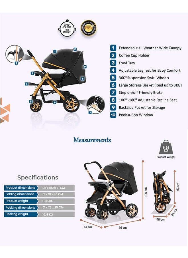 Riolio - Two-Way Baby Stroller | Excellent Shock Absorber | Front and Parent Facing | Large Canopy and Seat | 5-Point Harness | Cup Holder | Large Basket | Quick Folding | 0-36 Months |Black - Image 1
