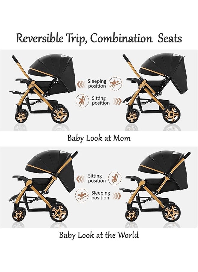 Riolio - Two-Way Baby Stroller | Excellent Shock Absorber | Front and Parent Facing | Large Canopy and Seat | 5-Point Harness | Cup Holder | Large Basket | Quick Folding | 0-36 Months |Black - Image 1