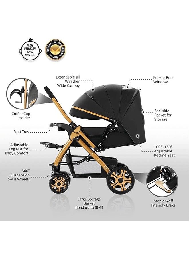 Riolio - Two-Way Baby Stroller | Excellent Shock Absorber | Front and Parent Facing | Large Canopy and Seat | 5-Point Harness | Cup Holder | Large Basket | Quick Folding | 0-36 Months |Black - Image 1