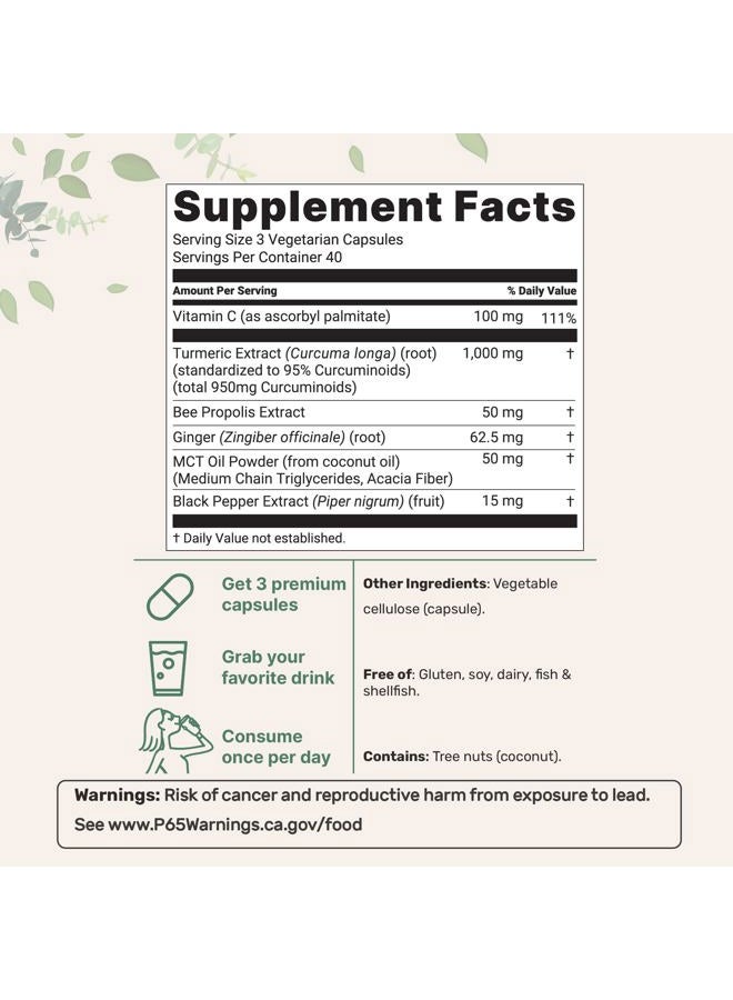 Micro Ingredients Pure Turmeric Curcumin Supplement 1,000mg | 95% Curcuminoids | 120 Veggie Capsules with Bee Propolis, Ginger, MCT Oil, Fat Soluble Vitamin C, & Black Pepper for Better Absorption | Filler Free - Image 2