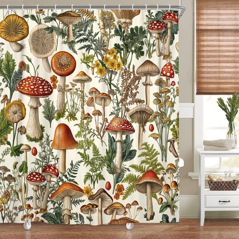 Uokiuki Vintage Boho Mushroom Cottagecore Shower Curtain, Botanical Floral Nature, Magical Plant, Farmhouse Bathroom Accessory, Beige, 70X70IN - Image 1