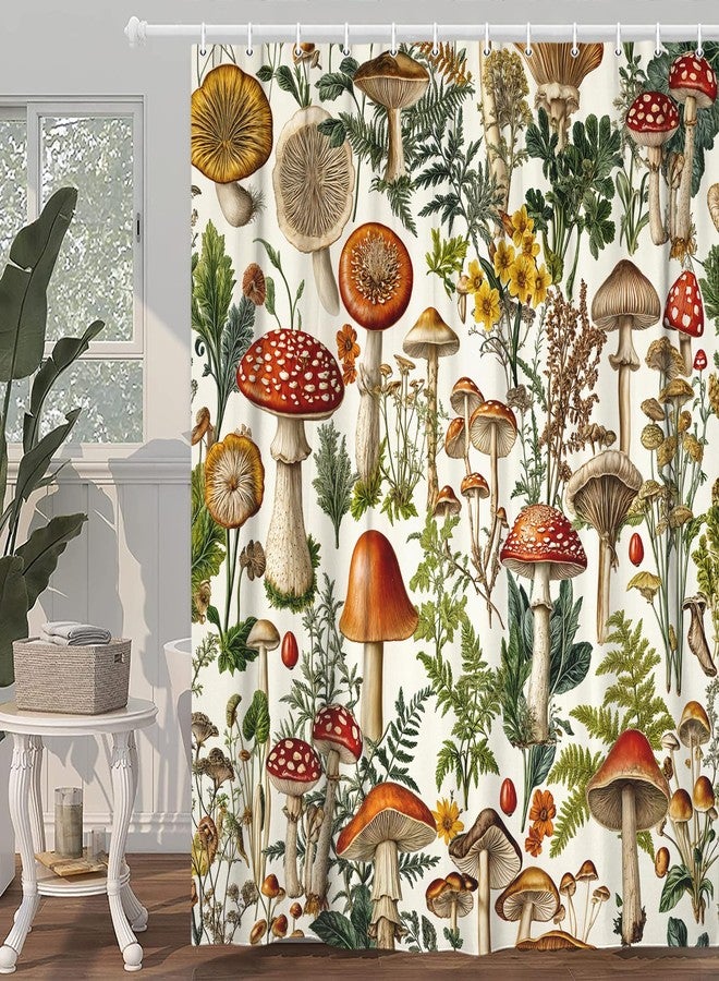 Uokiuki Vintage Boho Mushroom Cottagecore Shower Curtain, Botanical Floral Nature, Magical Plant, Farmhouse Bathroom Accessory, Beige, 70X70IN - Image 3