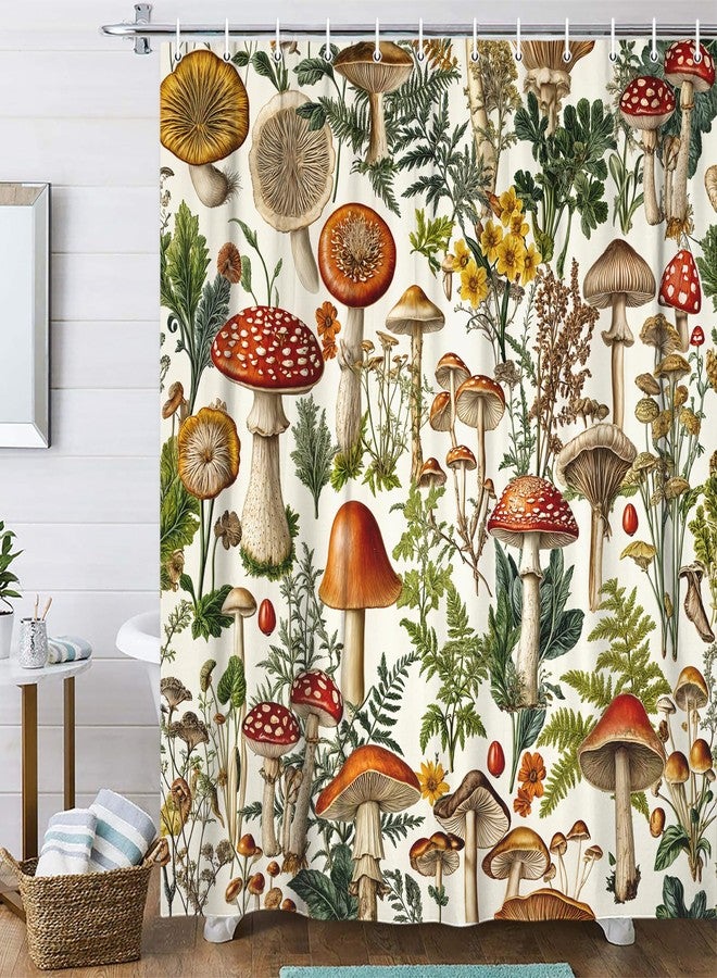 Uokiuki Vintage Boho Mushroom Cottagecore Shower Curtain, Botanical Floral Nature, Magical Plant, Farmhouse Bathroom Accessory, Beige, 70X70IN - Image 2
