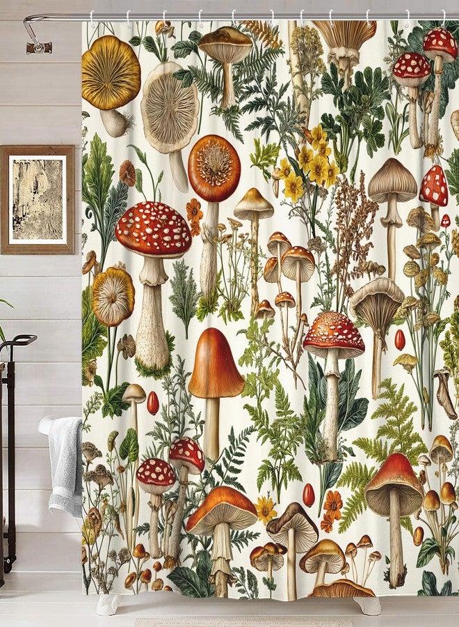 Uokiuki Vintage Boho Mushroom Cottagecore Shower Curtain, Botanical Floral Nature, Magical Plant, Farmhouse Bathroom Accessory, Beige, 70X70IN - Image 4