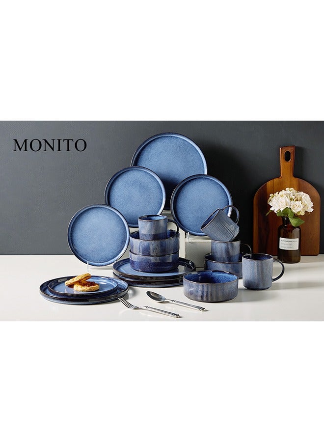 MONITO 16 Piece Stoneware Dinner Set, 4x27cm Dinner Plates, 4x21.5cm Salad Plates, 4x16.5cm Bowls, 4x16oz Coffee Mugs, Modern Design in Glossy Finish, Microwave & Dishwasher Safe - Blue  - Image 3