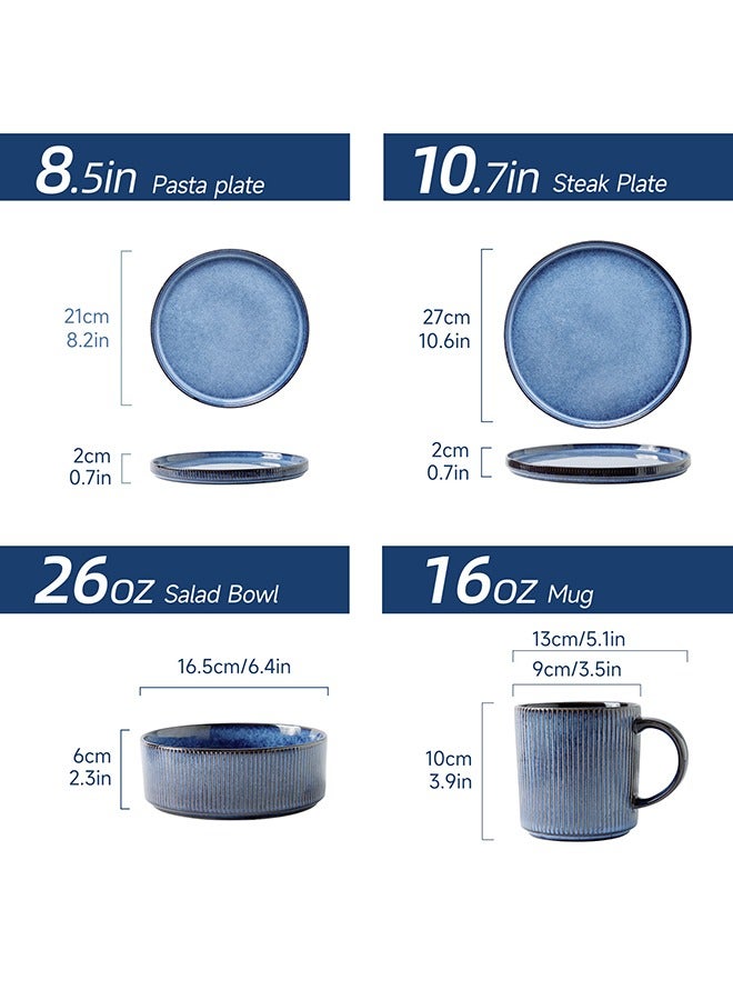 MONITO 16 Piece Stoneware Dinner Set, 4x27cm Dinner Plates, 4x21.5cm Salad Plates, 4x16.5cm Bowls, 4x16oz Coffee Mugs, Modern Design in Glossy Finish, Microwave & Dishwasher Safe - Blue  - Image 2