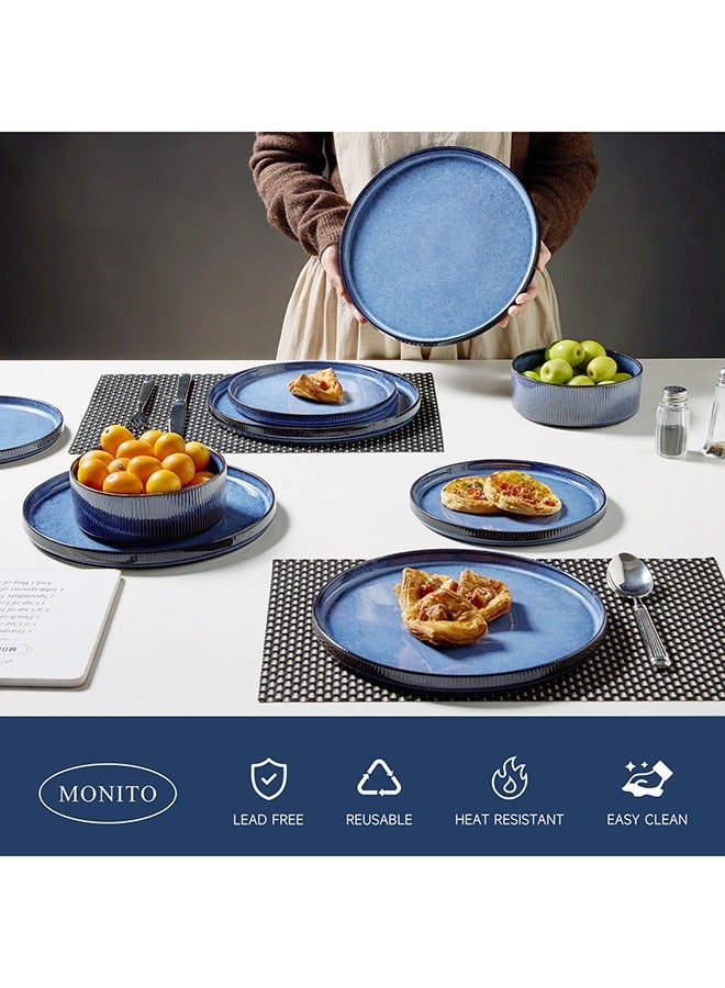 MONITO 16 Piece Stoneware Dinner Set, 4x27cm Dinner Plates, 4x21.5cm Salad Plates, 4x16.5cm Bowls, 4x16oz Coffee Mugs, Modern Design in Glossy Finish, Microwave & Dishwasher Safe - Blue  - Image 4