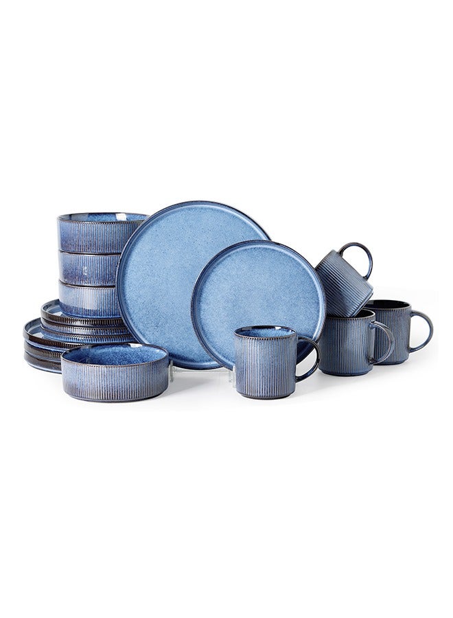 MONITO 16 Piece Stoneware Dinner Set, 4x27cm Dinner Plates, 4x21.5cm Salad Plates, 4x16.5cm Bowls, 4x16oz Coffee Mugs, Modern Design in Glossy Finish, Microwave & Dishwasher Safe - Blue  - Image 1