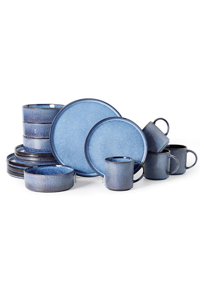 MONITO 16 Piece Stoneware Dinner Set, 4X27Cm Dinner Plates, 4X21.5Cm Salad Plates, 4X16.5Cm Bowls, 4X16Oz Coffee Mugs, Modern Design In Glossy Finish, Microwave & Dishwasher Safe - Blue - Image 1